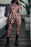 Leopard Print Half A Turtleneck Casual One Piece Bodysuit Skinny Jumpsuits