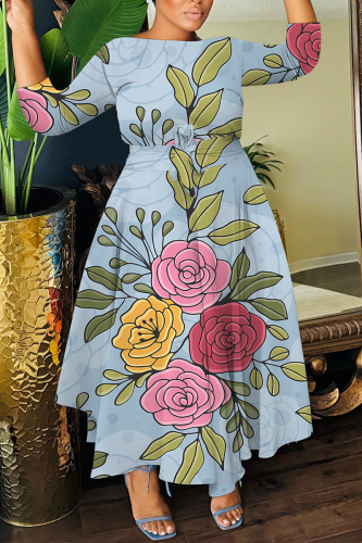 Light Blue Floral Print O Neck 3/4 Sleeve Belted Pockets Long Vacation Casual Pleated A Line Maxi Dresses