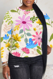Light Apricot Floral Print O Neck Long Sleeve Fall Winter Casual Sweatshirt Tops