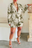 Brown Print Turn-back Collar Long Sleeve Buttons Blazer Jackets And Shorts Formal Office Lady Casual Two Pieces Suit Sets
