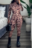 Leopard Print Half A Turtleneck Casual One Piece Bodysuit Skinny Jumpsuits