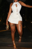 White Sleeveless Backless Hollow Out Casual Halter Tops And Shorts Formal Evening Party Prom Two Pieces Shorts Sets