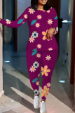 Dark Khaki Floral Print O Neck Long Sleeve Oversize Tops And Skinny Pants Sportwear Casual Two Pieces Sweatpant Sets