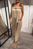 Khaki Leopard Sleeveless Square Neck Pocket Flounce Casual Loose Vacation Maxi Dresses