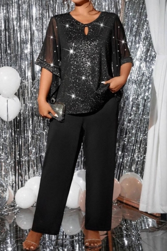 Black V Neck Hollow Out Sparkle Top And Pants Casual Formal Office Lady Plus Size Two Pieces Trouser Sets