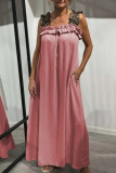 Khaki Leopard Sleeveless Square Neck Pocket Flounce Casual Loose Vacation Maxi Dresses