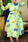 Yellow Floral Print O Neck 3/4 Sleeve Belted Pockets Long Vacation Casual Pleated A Line Maxi Dresses
