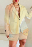 Brown Print Turn-back Collar Long Sleeve Buttons Blazer Jackets And Shorts Formal Office Lady Casual Two Pieces Suit Sets