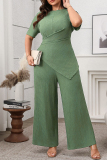 Malachite Green O Neck Short Sleeve Irregular Tops And Wide Leg Pants Casual Formal Office Lady Plus Size Two Pieces Trouser Sets