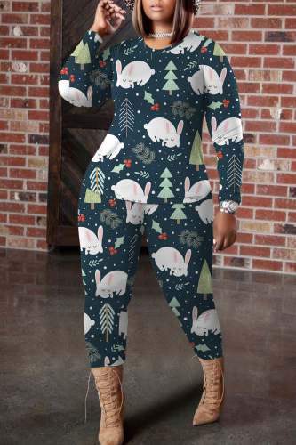 Navy Blue Christmas Print O Neck Long Sleeve Oversize Tops And Skinny Pants Sportwear Casual Two Pieces Sweatpant Sets