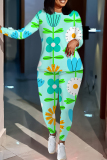 Pastel Green Floral Print O Neck Long Sleeve Oversize Tops And Skinny Pants Sportwear Casual Two Pieces Sweatpant Sets