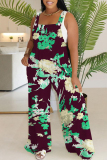 Purple Casual Floral Print Backless Sleeveless Square Neck Overall Vacation Wide Leg Jumpsuits