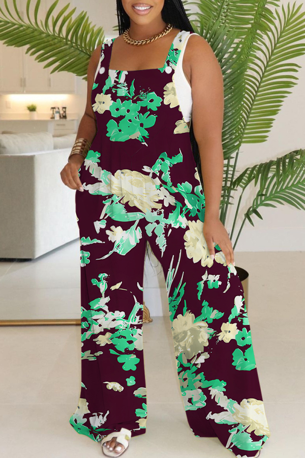 Purple Casual Floral Print Backless Sleeveless Square Neck Overall Vacation Wide Leg Jumpsuits