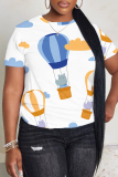 White Blue Graphics Print O Neck Short Sleeve Casual Outing Oversize T-Shirts