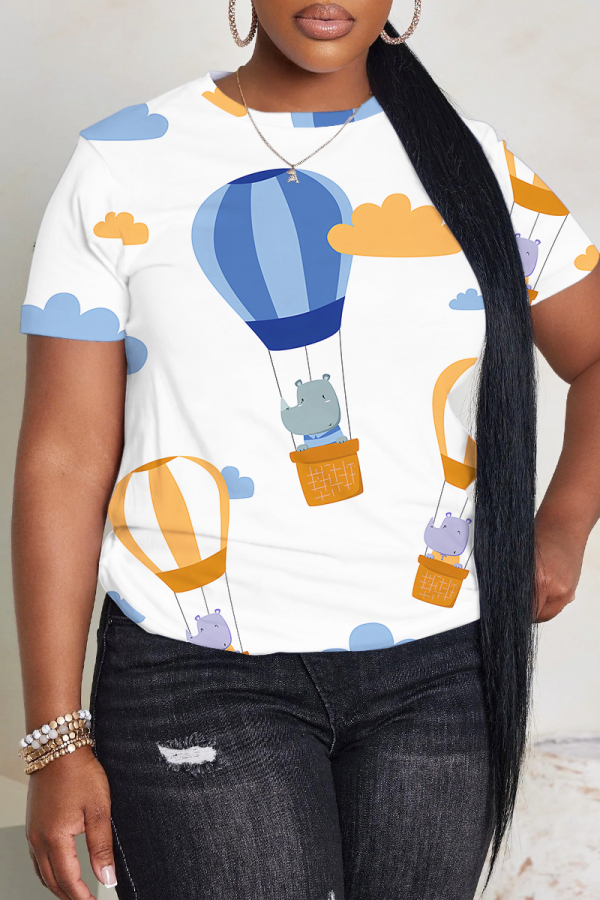 White Blue Graphics Print O Neck Short Sleeve Casual Outing Oversize T-Shirts