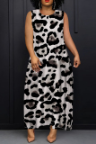 Dark Gray Casual Leopard Print Sleeveless O Neck Loose Vacation Maxi Tank Dresses