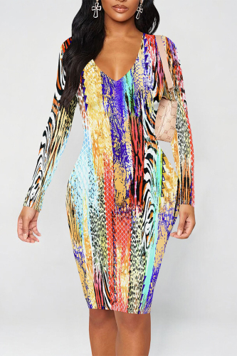Multicolor Graffiti Print V Neck Long Sleeve Prom Party Bodycorn Midi Dresses