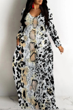 Snakeskin Zebra Print Long Sleeve Floor Length Loose Vacation Casual Baggy Maxi Dress