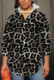 Light Brown Leopard Print Shirt Collar Long Sleeve Buttons Slit Casual Vacation Shirt Tops