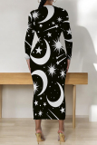 Orange Butterfly Graffiti Print Round Neck Long Sleeve Prom Party Bodycon Maxi Dresses