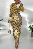 Color Floral Print Round Neck Long Sleeve Prom Party Bodycon Maxi Dresses