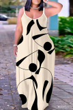 Apricot Graphics Print Sleeveless Backless Floor Length Casual Outing Straight Loose Floral Maxi Slip Dress