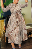 Pink Graphics Print O Neck 3/4 Sleeve Belted Pockets Long Vacation Casual Pleated A Line Maxi Dresses