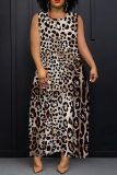 Dark Gray Casual Leopard Print Sleeveless O Neck Loose Vacation Maxi Tank Dresses