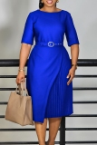 Green O Neck Half Sleeve With Belt Casual Formal Office Lady Pleated Midi Dresses