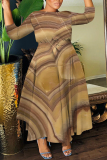 Pink Graphics Print O Neck 3/4 Sleeve Belted Pockets Long Vacation Casual Pleated A Line Maxi Dresses