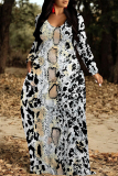Snakeskin Zebra Print Long Sleeve Floor Length Loose Vacation Casual Baggy Maxi Dress