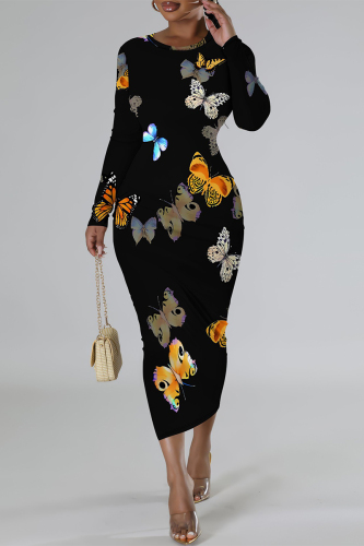 Orange Butterfly Graffiti Print Round Neck Long Sleeve Prom Party Bodycon Maxi Dresses