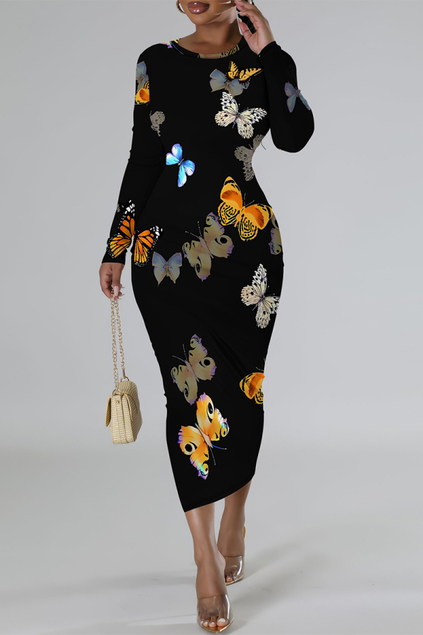 Orange Butterfly Graffiti Print Round Neck Long Sleeve Prom Party Bodycon Maxi Dresses