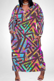 Pink Floral Print V Neck Long Sleeve Pocket Casual Outing Straight Loose Plus Size Maxi Dress