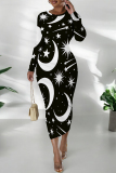 Orange Butterfly Graffiti Print Round Neck Long Sleeve Prom Party Bodycon Maxi Dresses