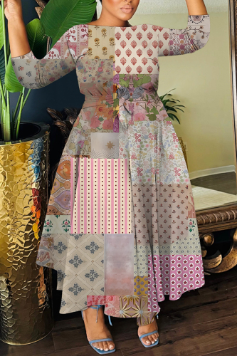 Pink Graphics Print O Neck 3/4 Sleeve Belted Pockets Long Vacation Casual Pleated A Line Maxi Dresses