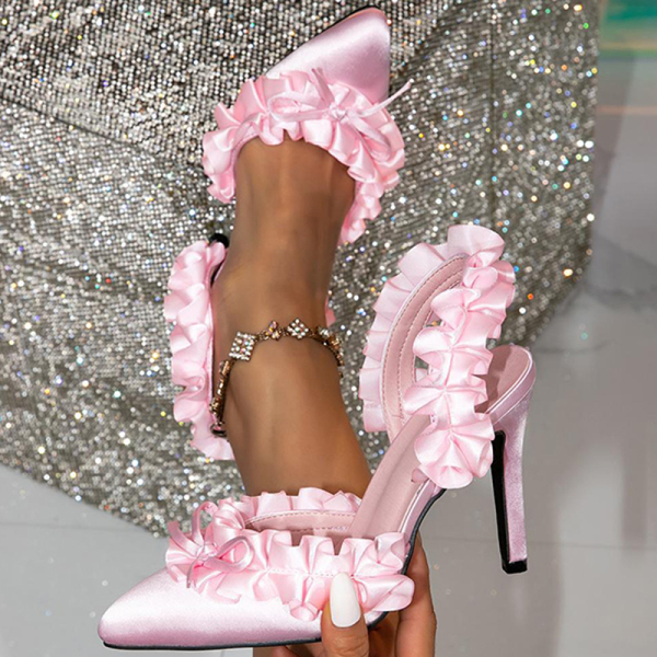 Pink Party Formal Satin Lace Petal Stiletto Pointed High Heels Sandals(Heel Height 3.94in)