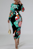 Orange Butterfly Graffiti Print Round Neck Long Sleeve Prom Party Bodycon Maxi Dresses
