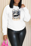 White Brown Cartoon Print Round Neck Long Sleeve Casual Plus Size Sweatshirts