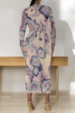 Color Floral Print Round Neck Long Sleeve Prom Party Bodycon Maxi Dresses