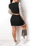 Black Tiger Print O Neck Long Sleeve Crop Tops And Slit Mini Skirt Casual Two Pieces Dress Sets