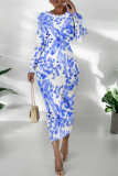 Color Floral Print Round Neck Long Sleeve Prom Party Bodycon Maxi Dresses