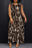 Dark Gray Casual Leopard Print Sleeveless O Neck Loose Vacation Maxi Tank Dresses