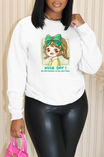 White Green Graphics Print Round Neck Long Sleeve Casual Plus Size Sweatshirts Tops