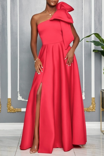 Claret Bow Decor Sleeveless Oblique Collar Slit Formal Evening Party Prom Wedding Guest Pleated Maxi Dresses