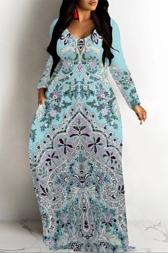 Lake Blue National Totem Print O Neck Long Sleeve Pocket Casual Outing Plus Size Straight Loose Maxi Dress