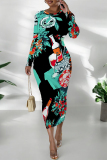 Orange Butterfly Graffiti Print Round Neck Long Sleeve Prom Party Bodycon Maxi Dresses
