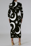 Orange Butterfly Graffiti Print Round Neck Long Sleeve Prom Party Bodycon Maxi Dresses