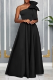 Claret Bow Decor Sleeveless Oblique Collar Slit Formal Evening Party Prom Wedding Guest Pleated Maxi Dresses