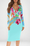 Multicolor Graffiti Print V Neck Long Sleeve Prom Party Bodycorn Midi Dresses